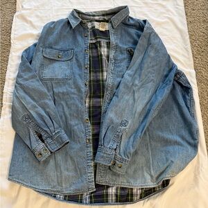LL Bean Light Wash Denim Button-Up Shirt with Plaid Flannel Lining . Size XXL